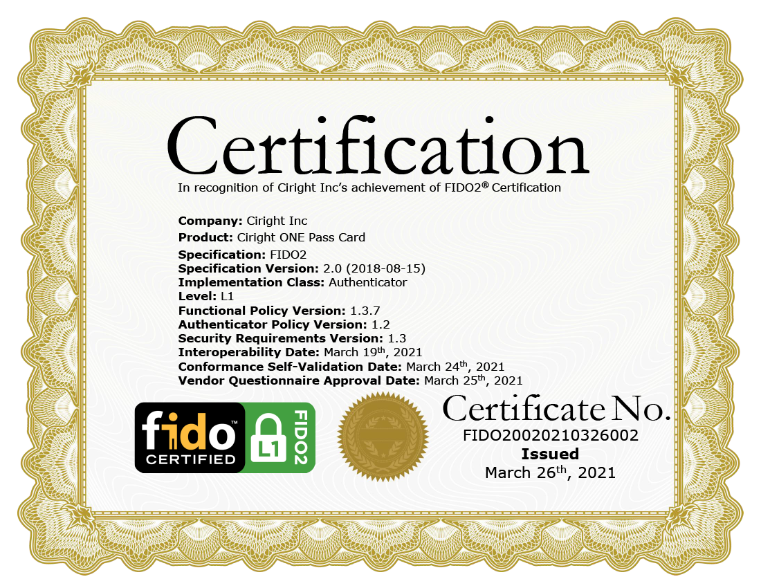 FIDO2 Level 1 authenticator certificate issued to a customer for a card implementation built on AmbiSecure technology.