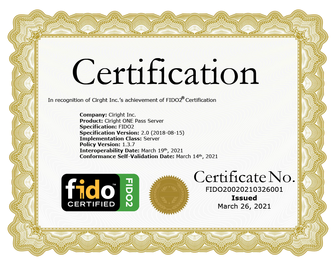 FIDO2 server certificate issued to a customer for a validation server implementation built on AmbiSecure technology.