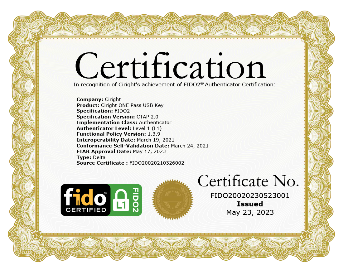 FIDO2 Level 1 authenticator certificate issued to a customer for a USB key implementation built on AmbiSecure technology.