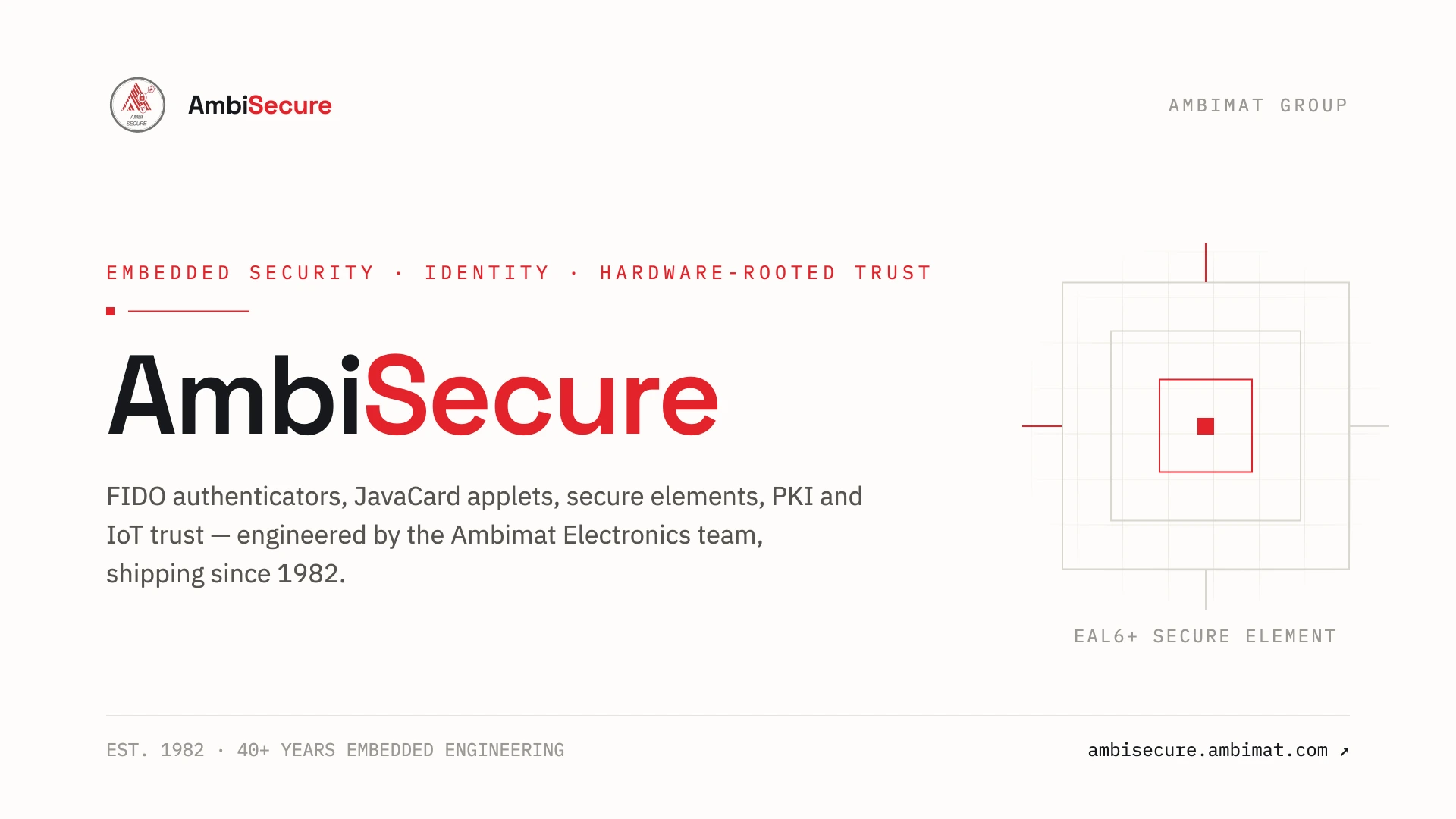 Slide 1 of 20 — AmbiSecure title slide: embedded security, identity and hardware-rooted trust. FIDO authenticators, JavaCard applets, secure elements, PKI and IoT trust, engineered by the Ambimat Electronics team on an EAL6+ secure element, shipping since 1982.