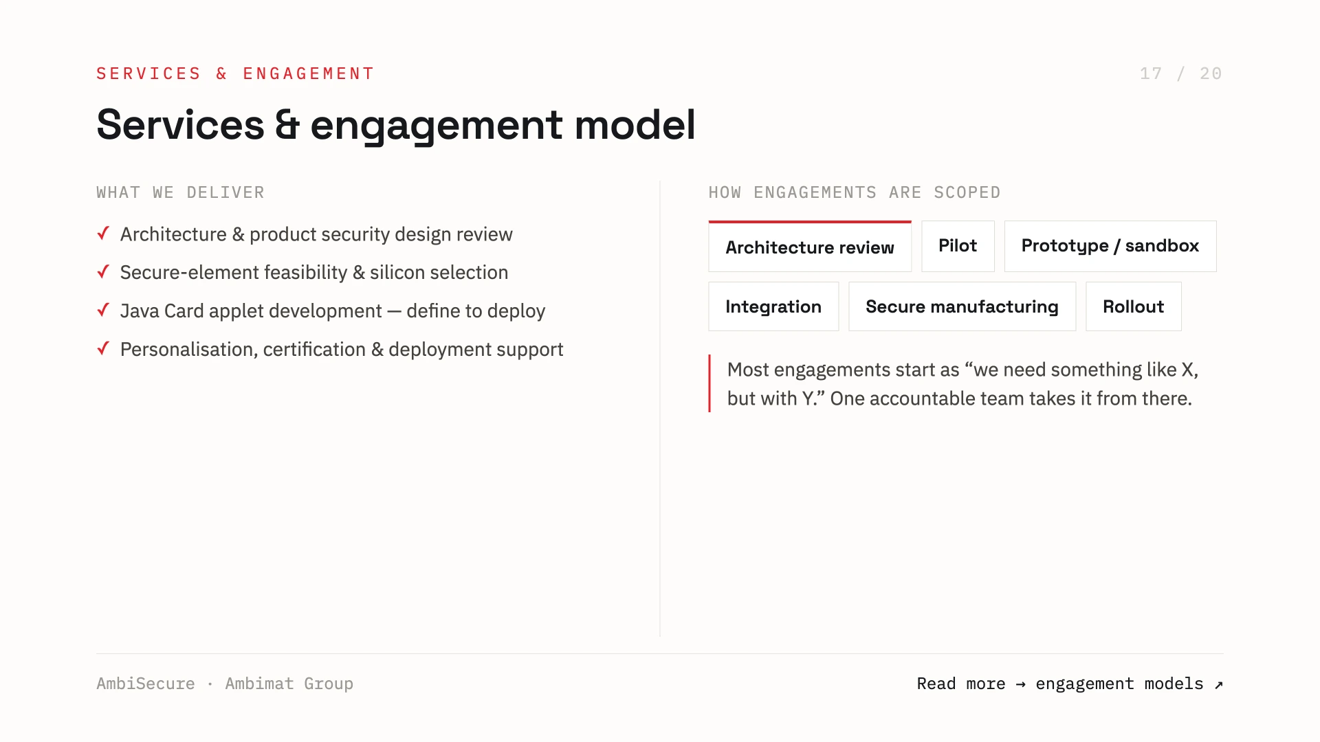 Slide 17 of 20 — Services and engagement model: architecture and product security design review, secure-element feasibility and silicon selection, Java Card applet development from define to deploy, and personalisation, certification and deployment support — scoped as architecture review, pilot, prototype, integration, secure manufacturing or rollout.