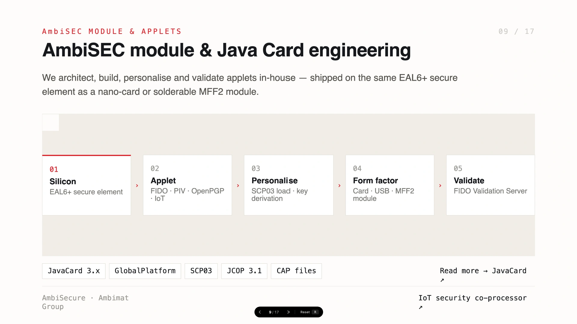 Slide 9 of 17 &mdash; AmbiSEC module and Java Card engineering — AmbiSecure's secure-element module and in-house Java Card platform engineering.