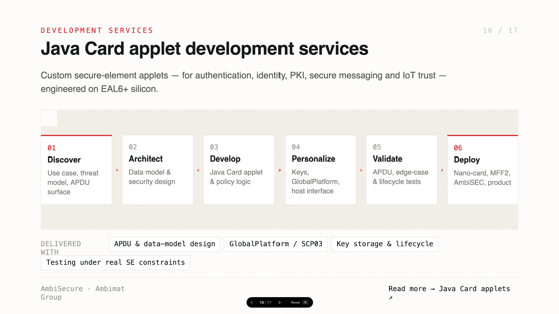 Slide 10 of 17 &mdash; Java Card applet development services — custom applet design for authentication, identity and IoT on secure elements.