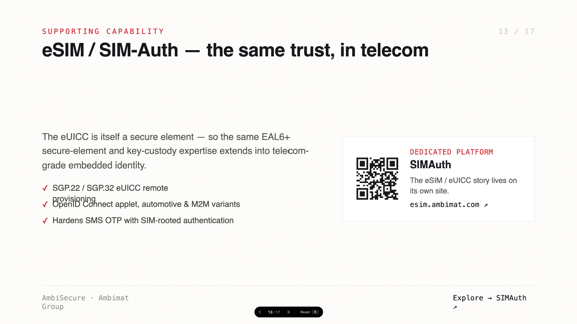 Slide 13 of 17 &mdash; SIMAuth / eSIM trust — telecom-grade eSIM / eUICC and SIM applet trust on the Ambimat SIMAuth platform.